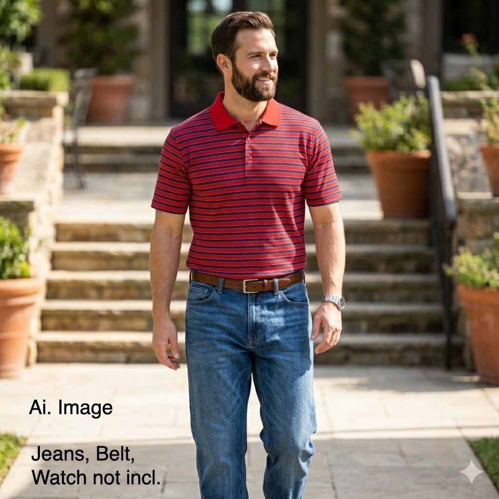 Bugatchi Uomo Men L. Red Blue Striped Polo Shirt 100% Mercerized Egyptian Cotton